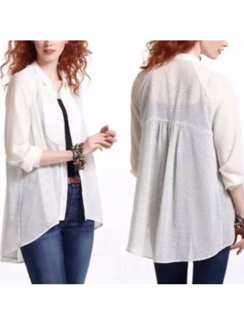 Maeve Cream Button-Front Tuxedo Sheer Blouse with Subtle Polka Dot Dots